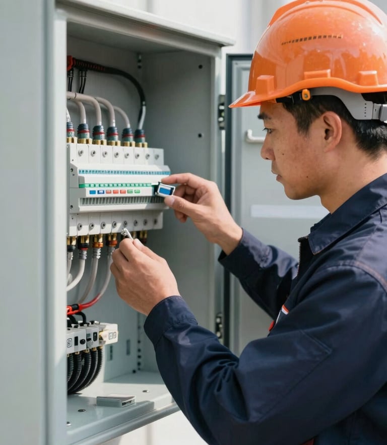 Professional electrician in uniform and safety helmet inspecting a clean modern electrical panel, bright natural daylight, technical detail, 35mm lens
