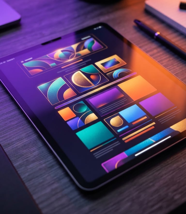Vibrant editorial macro shot of a tablet screen displaying a beautifully formatted digital newsletter, high-contrast studio lighting with violet and orange gel highlights, sharp focus