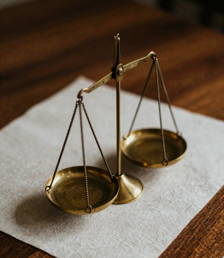 Macro close-up of a premium brass scale and heavy linen paper on a dark oak desk, warm dramatic side-lighting, deep shadows, medium format film