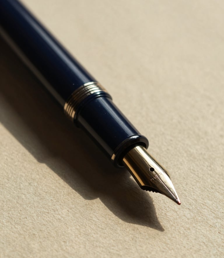 Macro close-up of a premium fountain pen resting on heavy textured cotton paper, warm golden-hour side-lighting, rich navy shadows, editorial interior photography style