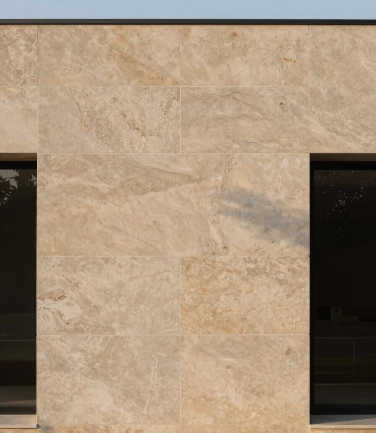 Editorial architectural photography of a minimalist luxury home facade featuring raw stone cladding, soft morning light, medium format.