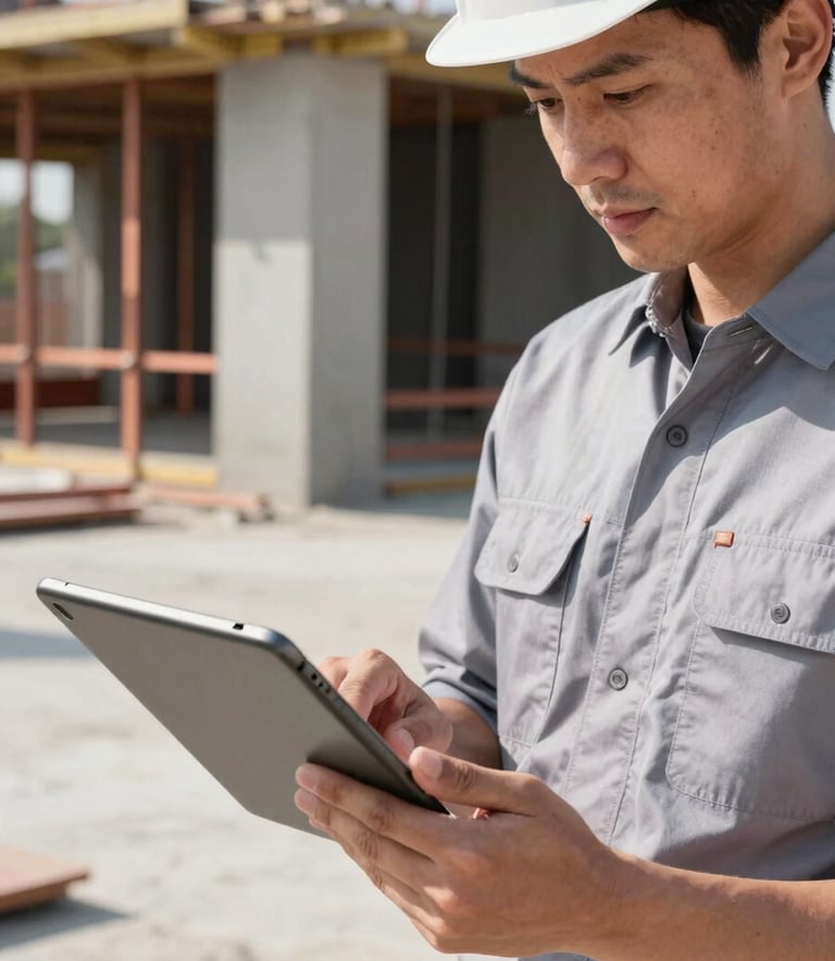 Close-up of a professional architect in clean modern workwear looking at a tablet on a bright, high-contrast concrete construction site, natural daylight, architectural copper details.