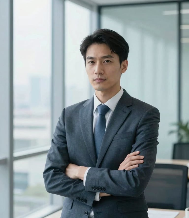 A medium environmental portrait of a focused corporate professional in a bright, modern glass-walled office, cool blue and slate tones, sharp focus, 35mm lens.