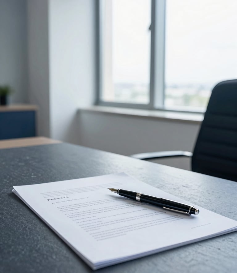 A high-end corporate workspace with structured architectural details, clean lines, soft natural daylight from a large window, a fountain pen resting on a neat contract document, cool slate and navy tones.