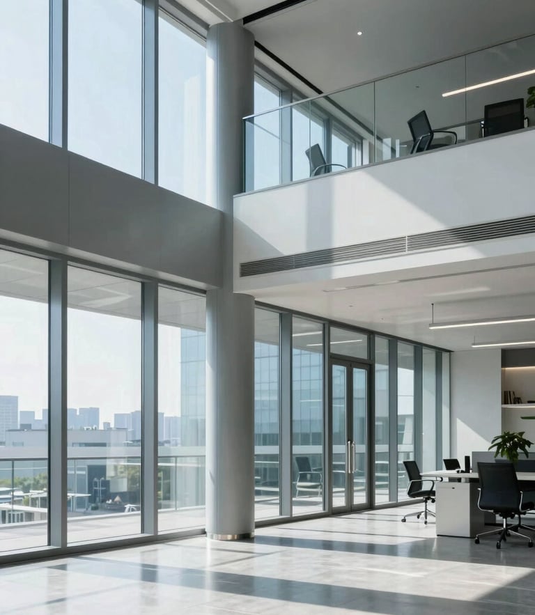 Bright, clean modern office interior with sharp architectural lines, soft daylight reflecting off steel and glass, 35mm photography