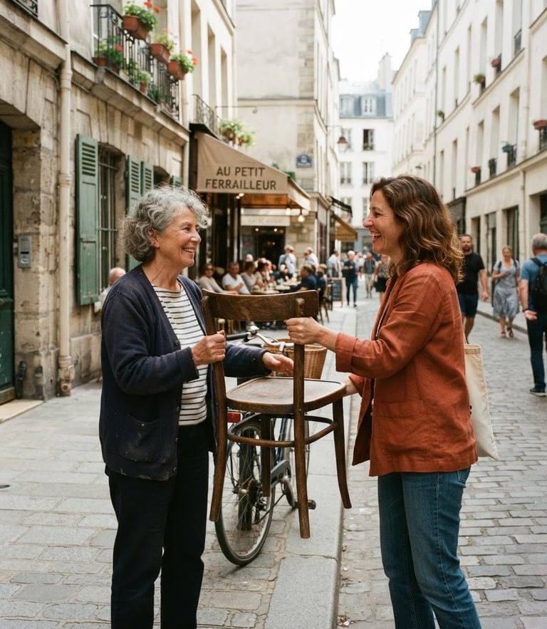 A warm authentic photo of a vintage wooden chair being handed over between two smiling neighbors on a sunny Parisian street, natural daylight, 35mm lens, realistic everyday life