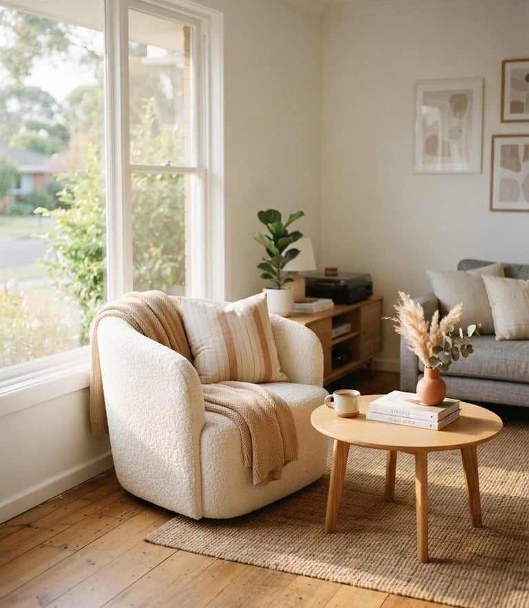 A bright, modern domestic living room with warm natural daylight streaming through a large window, clean interior design, 35mm photography