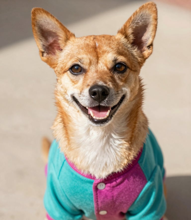 A happy small dog wearing a colorful teal and magenta shirt, looking up at the camera, warm natural daylight, eye-level portrait