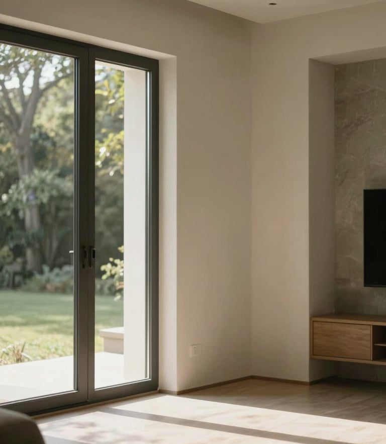 A medium-close editorial shot of sunlit warm interiors of a high-end residence, soft natural northern daylight, muted forest and cream tones, shallow depth of field, 35mm