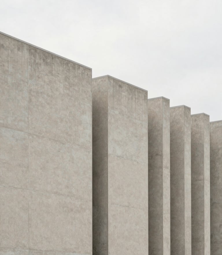 Abstract architectural lines of a modern concrete building facade, soft diffused overcast daylight, minimalist editorial photography, neutral muted tones.