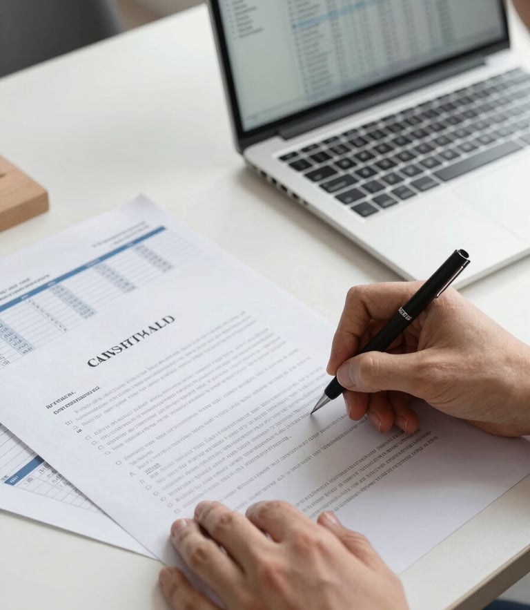 A close-up of a professional desk with structured payroll documents, a clean laptop showing spreadsheets, and hands signing a contract in natural office daylight.