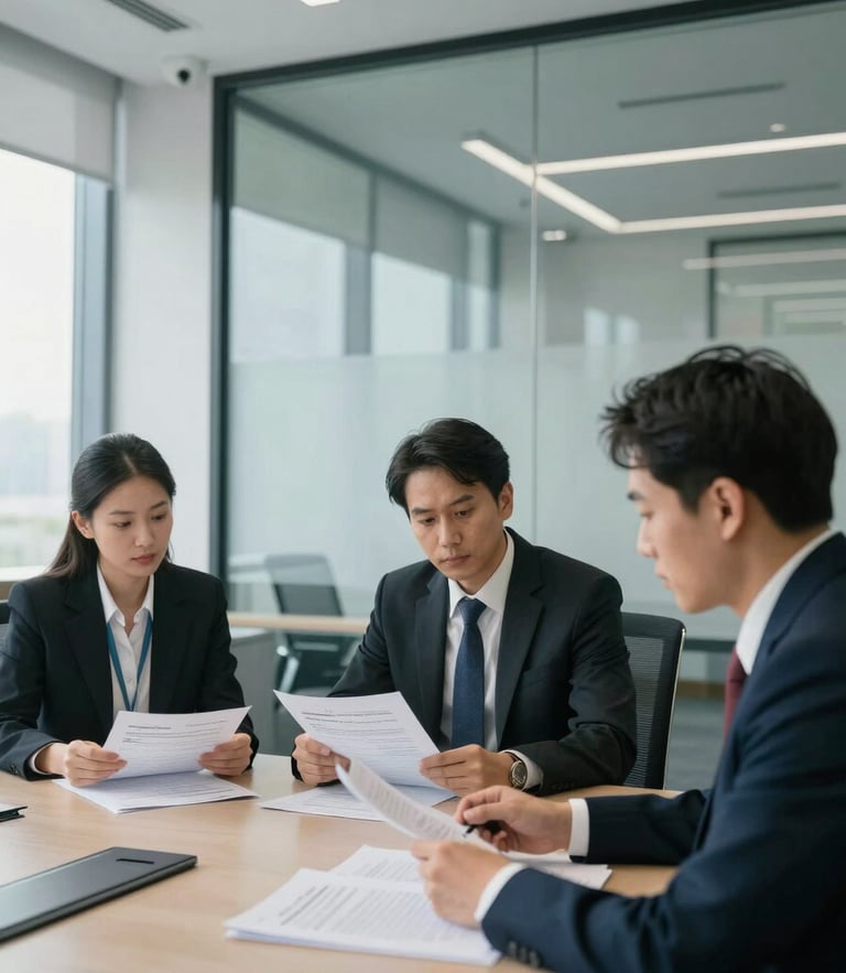A professional environmental shot of a clean corporate office meeting room, structured glass walls, natural daylight, focused professionals looking at compliance documents on a table, high-contrast cool tones.