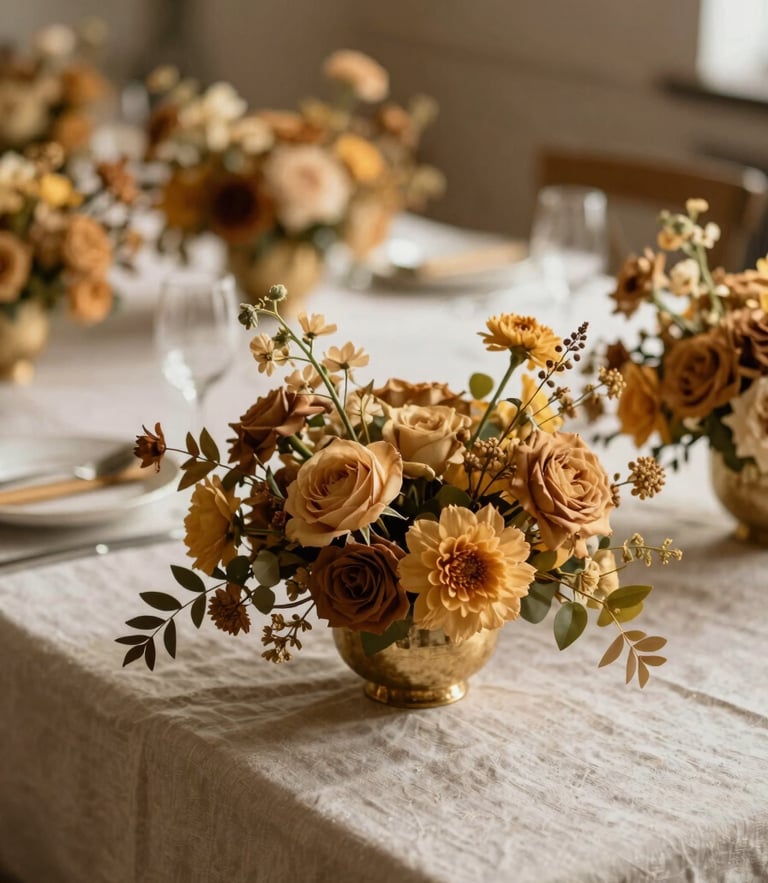 A warm, natural side-lit photograph of a beautifully set event table with linen cloths and golden-toned floral arrangements, shallow depth of field