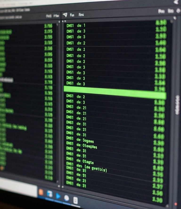 Macro close-up of a high-end monitor showing clean server logs and DNS records, glowing green accents, dark background