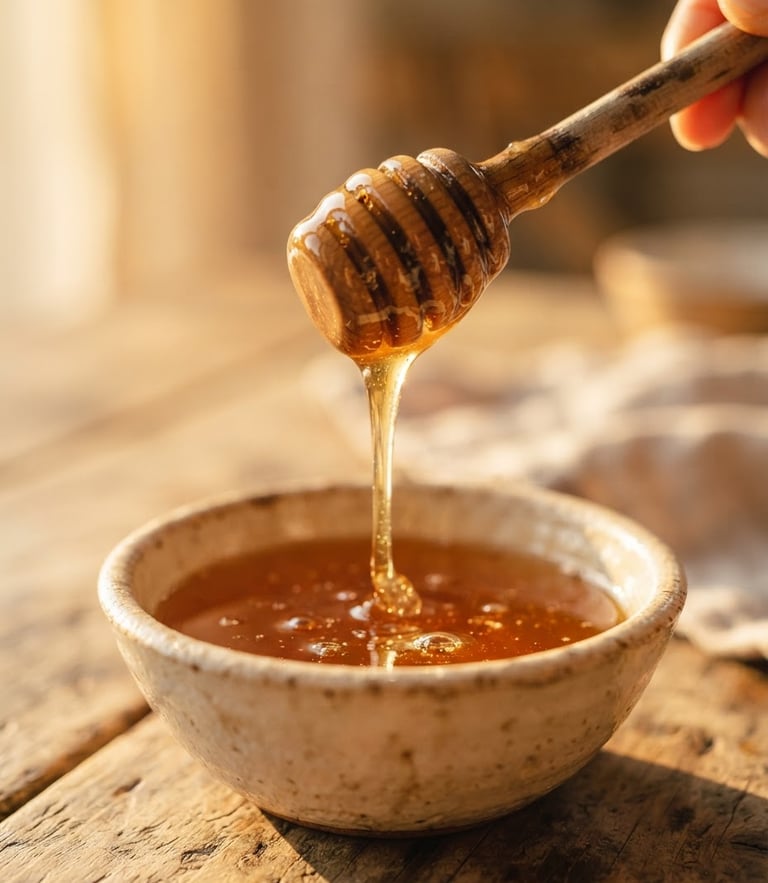 Macro shot of rich viscous golden honey dripping from a wooden dipper, warm golden-hour side light, shallow depth of field, 35mm