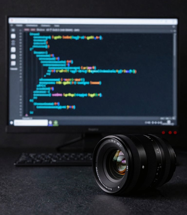 Primer plano de una interfaz de desarrollo de software con líneas de código en azul eléctrico y cian sobre un fondo oscuro y minimalista.