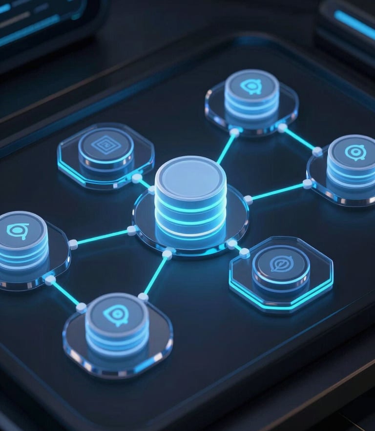 Isometric view of a dark-themed custom dashboard showing automated data pipelines, glassmorphic nodes connecting database icons, cool blue ambient light, sharp cyan highlight lines