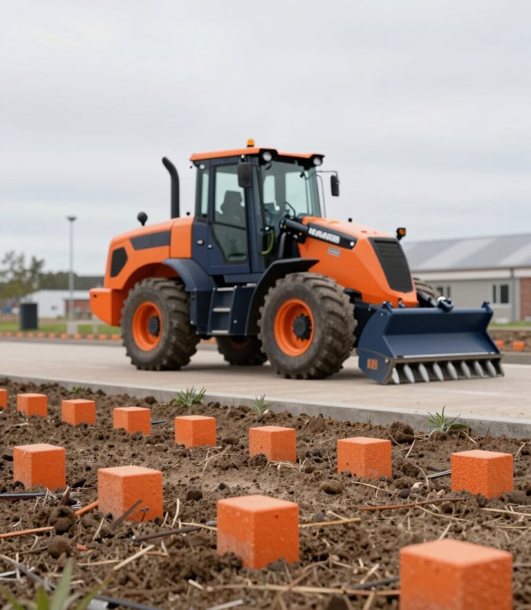 Nærbillede af præcist gravearbejde med orange afmærkning i jorden, en gravemaskines skovl i baggrunden, overskyet dagslys
