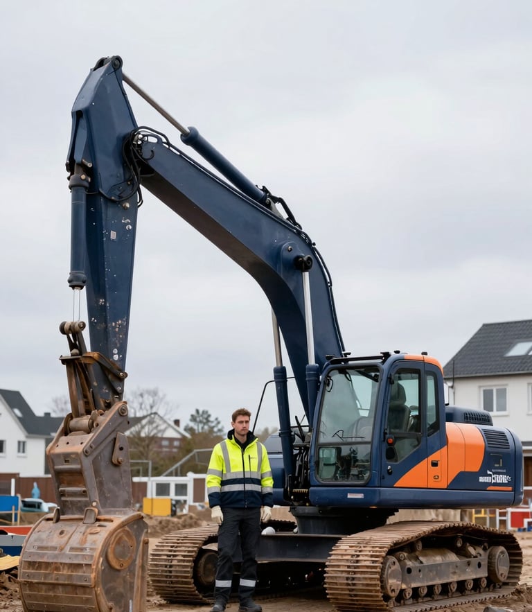 An excavator operator in a high-visibility jacket standing next to a modern excavator on a residential site in Zealand, crisp overcast daylight, clean navy tones.