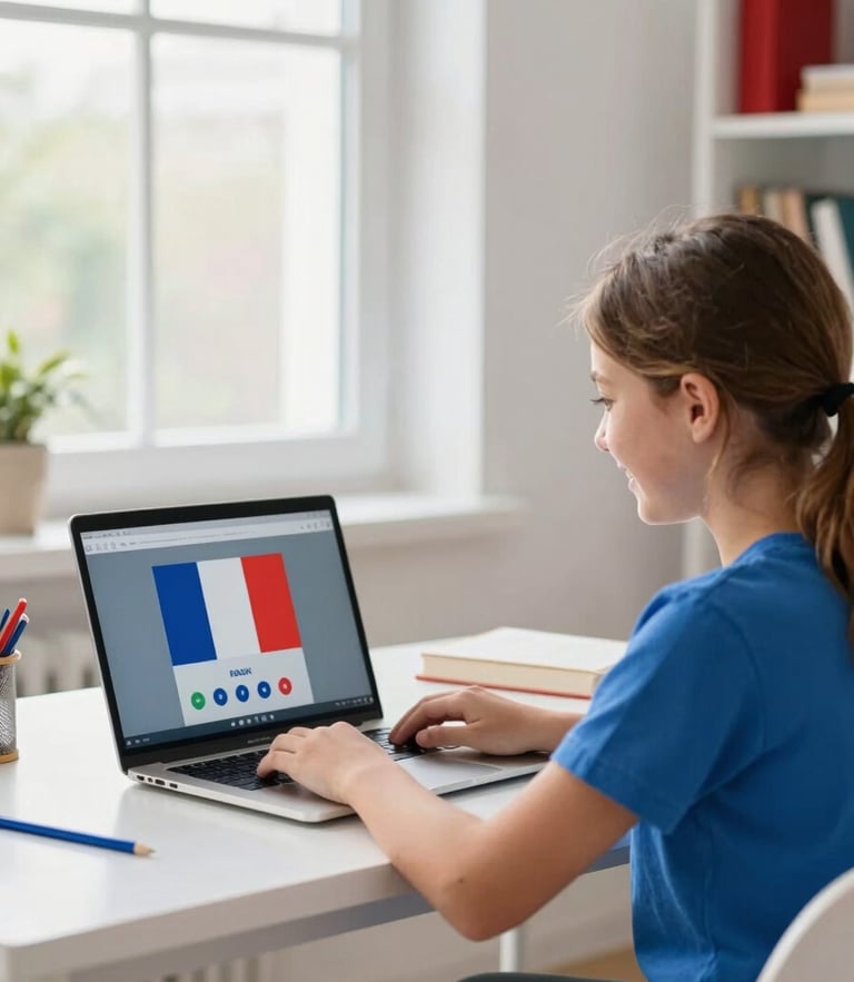 A bright, clean home workspace with natural window light. A focused middle school student looks happily at a laptop screen, showing a live online French tutoring session. Subtle red and blue accents in the room.
