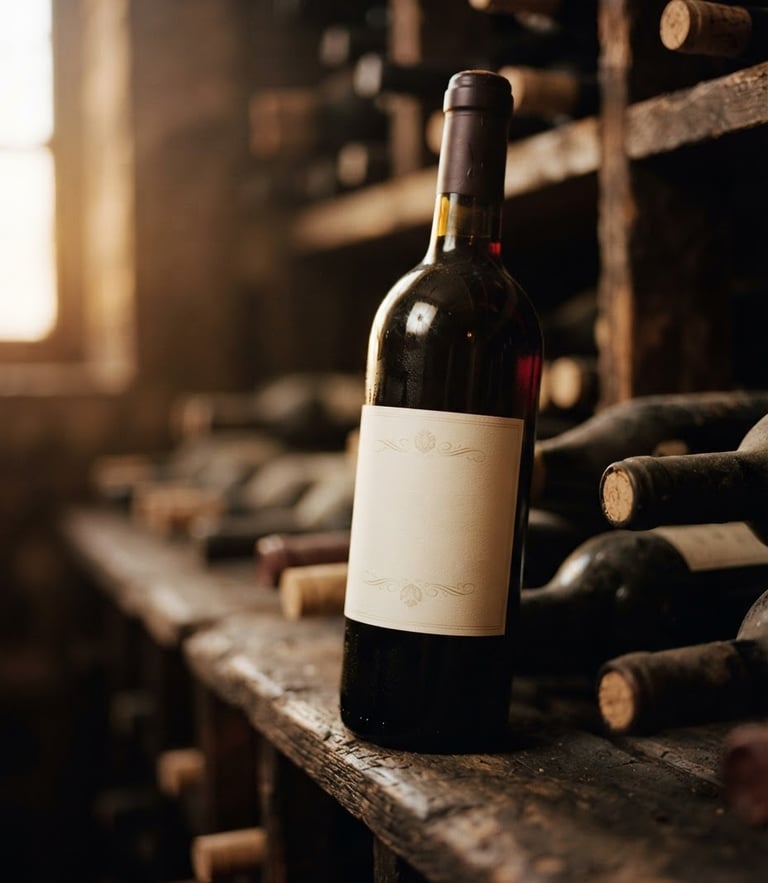 Close-up of a dark red wine bottle with a clean elegant label, warm golden hour light reflecting on the glass, rustic wooden cellar background, 35mm photography