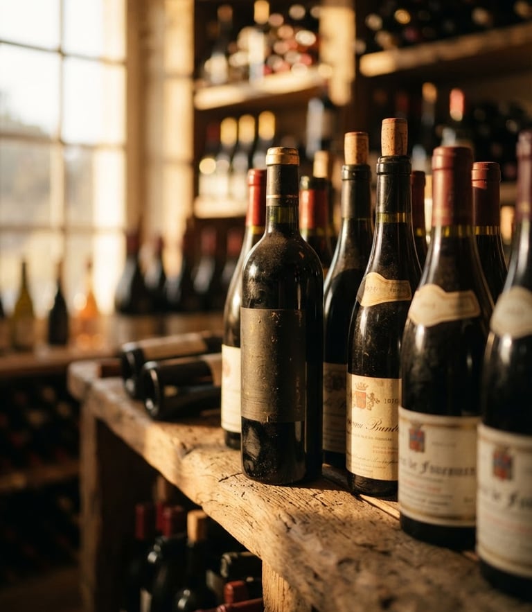 Warm close-up of dark glass wine bottles catching golden-hour window light on rustic wooden shelves, shallow depth of field, 35mm