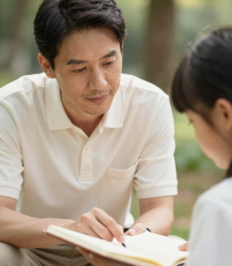 Close-up warm editorial photograph of a mentor guiding a student over a shared notebook, soft natural daylight, shallow depth of field.