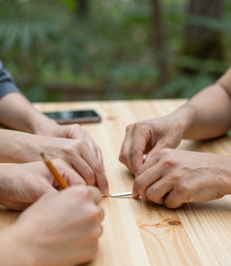 Warm natural daylight illuminating hands working together over a wooden table, collaborative community workshop, soft focus, forest green tones, authentic editorial style