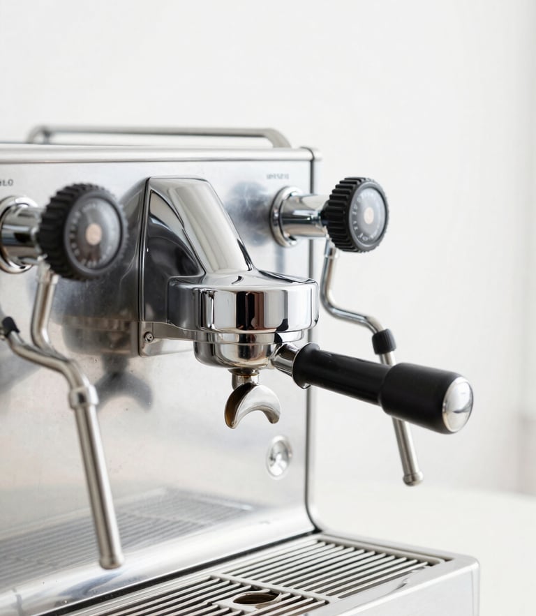 Close-up of a high-end commercial dual-boiler espresso machine, polished chrome finish, steam wand active, minimalist white studio backdrop, bright high-key lighting, sharp focus.