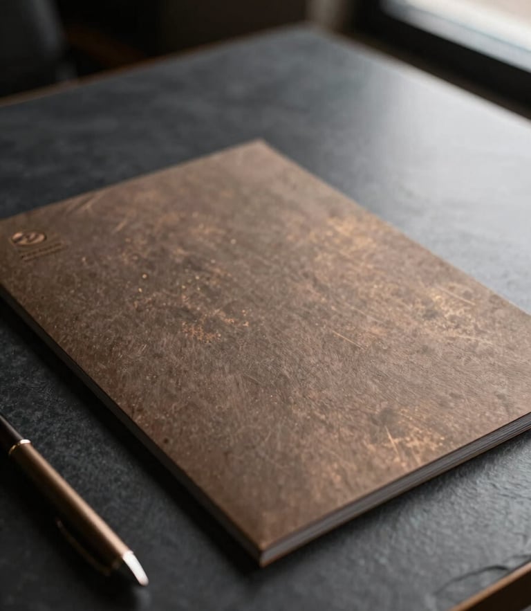 Close-up of high-quality corporate stationery on a dark slate desk, dramatic side window light, warm bronze tones, shallow depth of field, 35mm