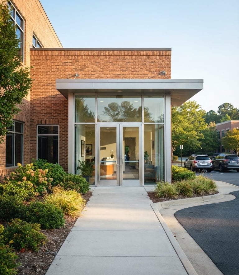 Bright natural daylight photo of a modern brick office entrance on Bells Mill Road in Chesapeake, clean glass doors, optimistic morning sun, 35mm lens.