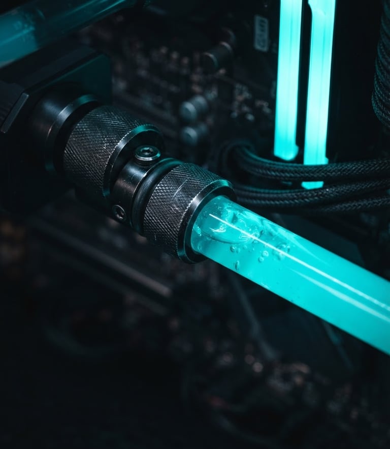 Extreme close-up of a glowing liquid-cooling loop inside a custom PC, neon-cyan coolant, metallic fittings, moody studio lighting