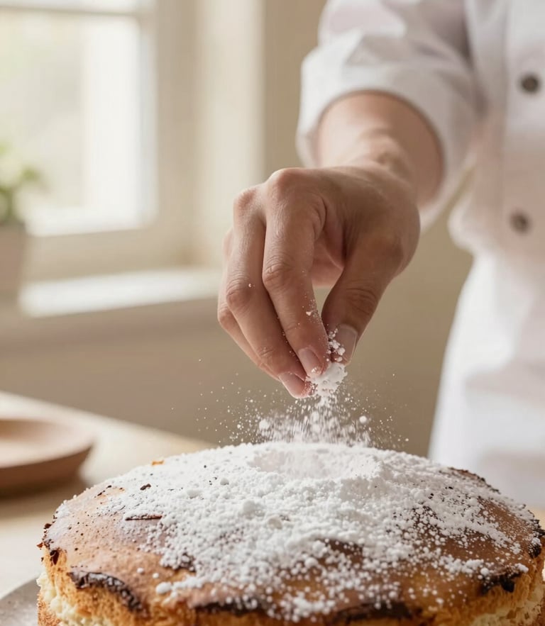 Close-up of baker's hands dusting powdered sugar on a freshly baked cake, soft morning window light, warm cream background, shallow depth of field