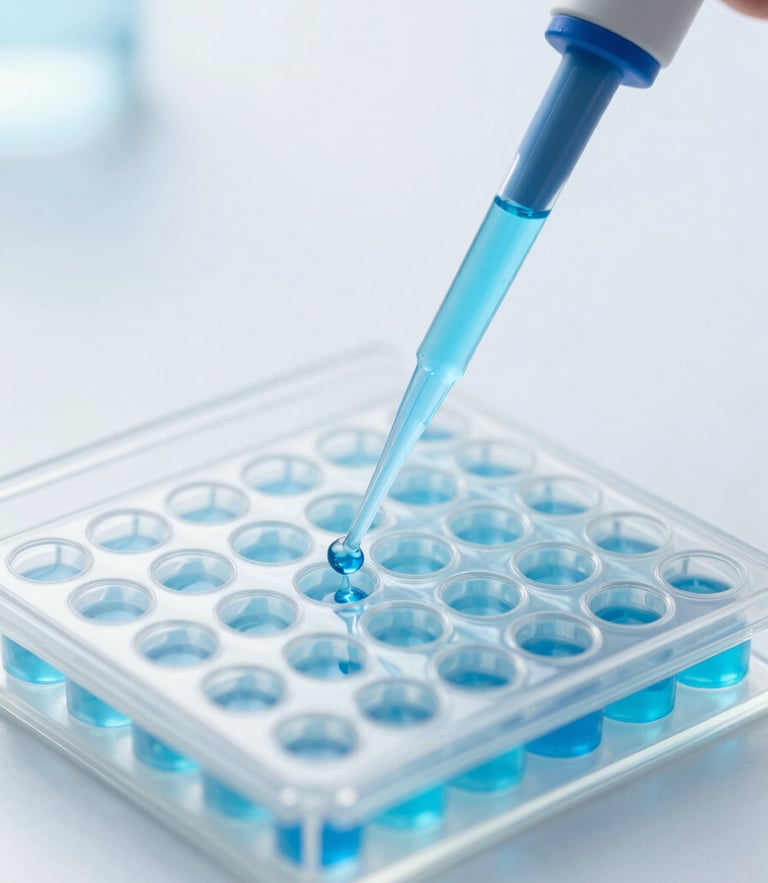 Crisp macro close-up of a sterile pipette dispensing blue liquid into a 96-well assay plate, bright high-key clinical light, cool blue tones, sharp focus.