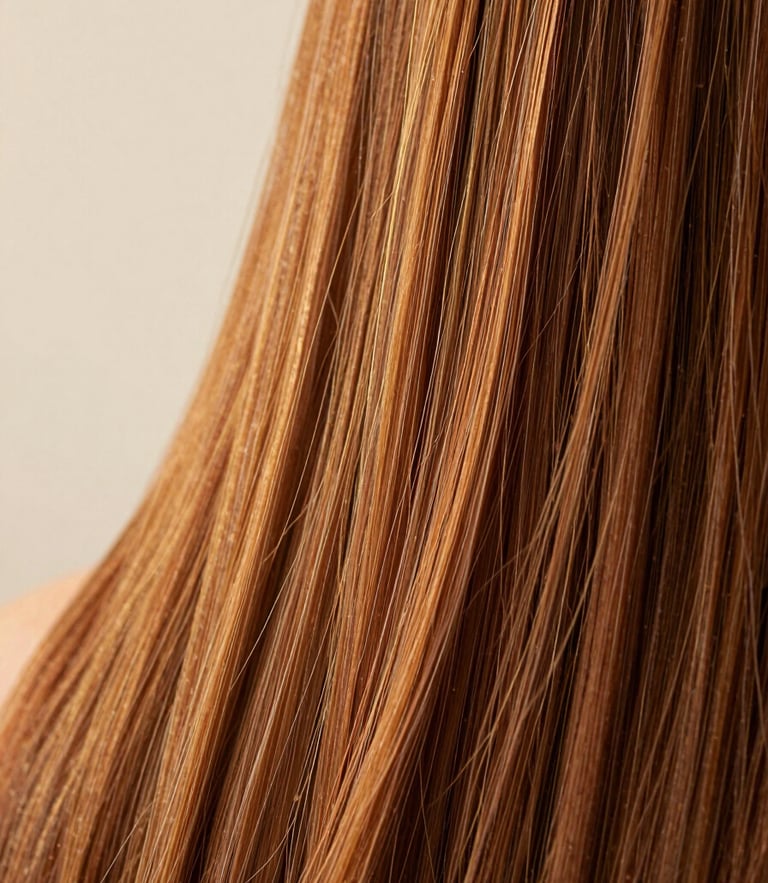 Macro shot of long, silky chestnut hair with warm golden highlights, soft studio backlighting, shallow depth of field, 85mm lens