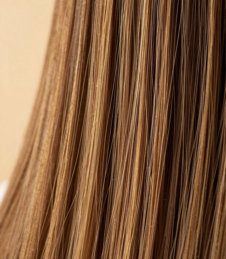 Macro shot of high-end hair extension application, showing the precise and neat alignment of premium hair strands under soft warm studio lighting, 85mm portrait lens.
