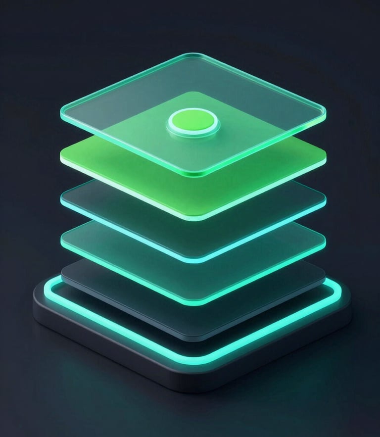 Isometric technical diagram of clean Android app architecture layers, glowing neon cyan lines on deep charcoal background, 3d digital render