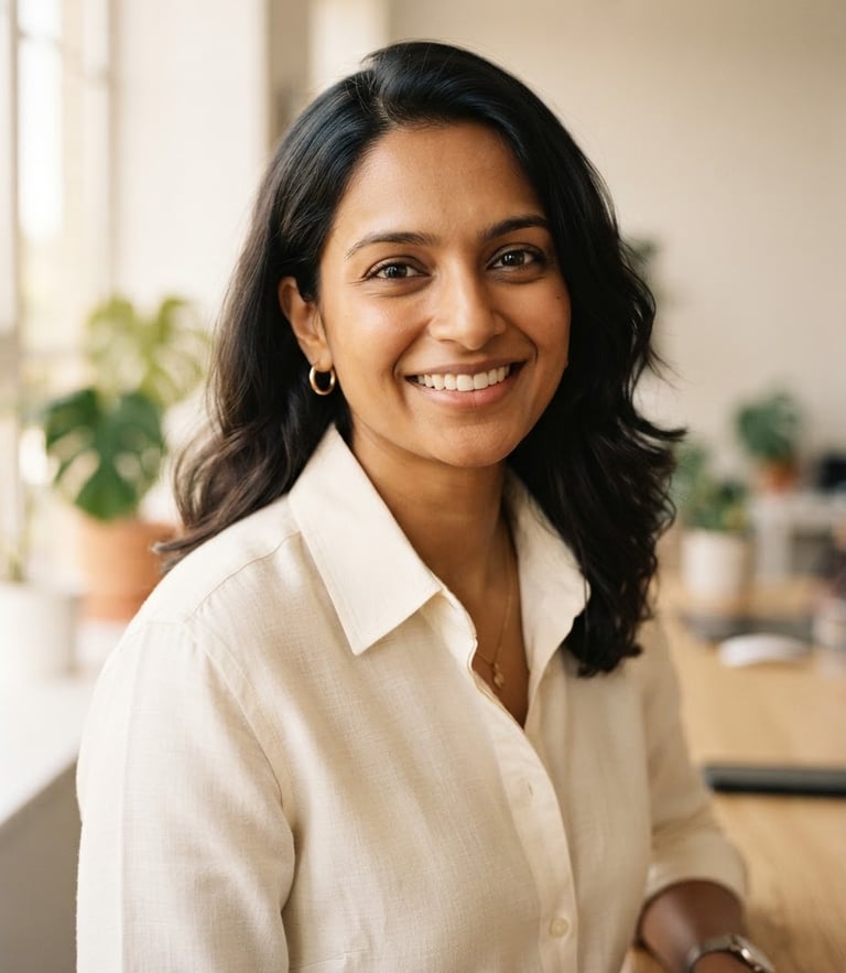 A close-up portrait of a modern Indian professional smiling, wearing a crisp cream tailored cotton shirt, warm natural window light, shallow depth of field.