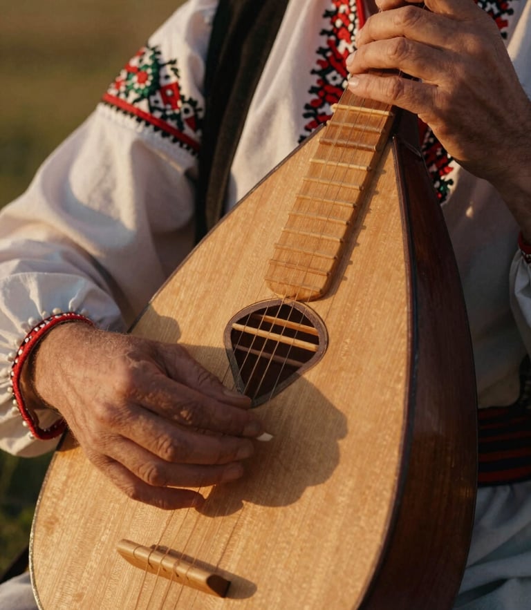 Close-up of hands playing a traditional Ukrainian bandura, warm golden-hour sunlight catching the strings, detailed wood texture, cinematic heritage photography