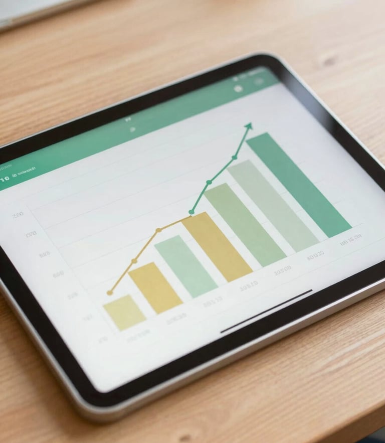 A clean close-up of a digital tablet showing growth charts on a wooden desk, warm daylight, soft corporate green and gold tones