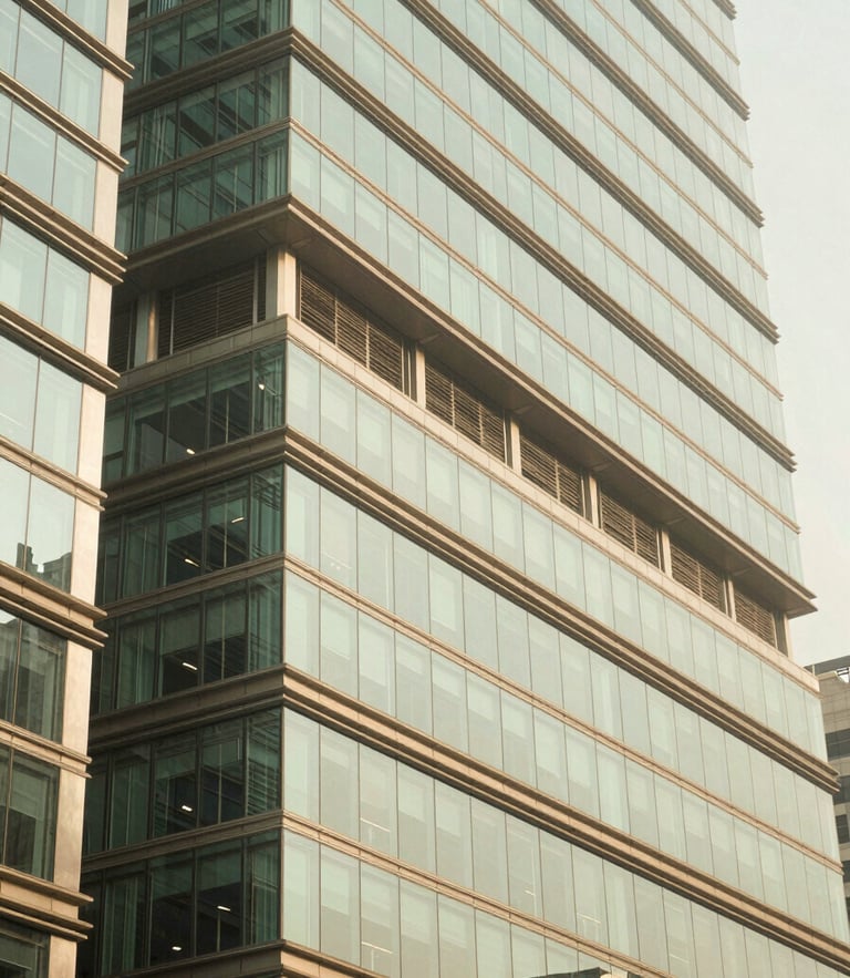 An elegant architectural detail of a modern financial district in Mumbai, clean geometric glass lines reflecting bright morning sunlight, soft corporate green tones