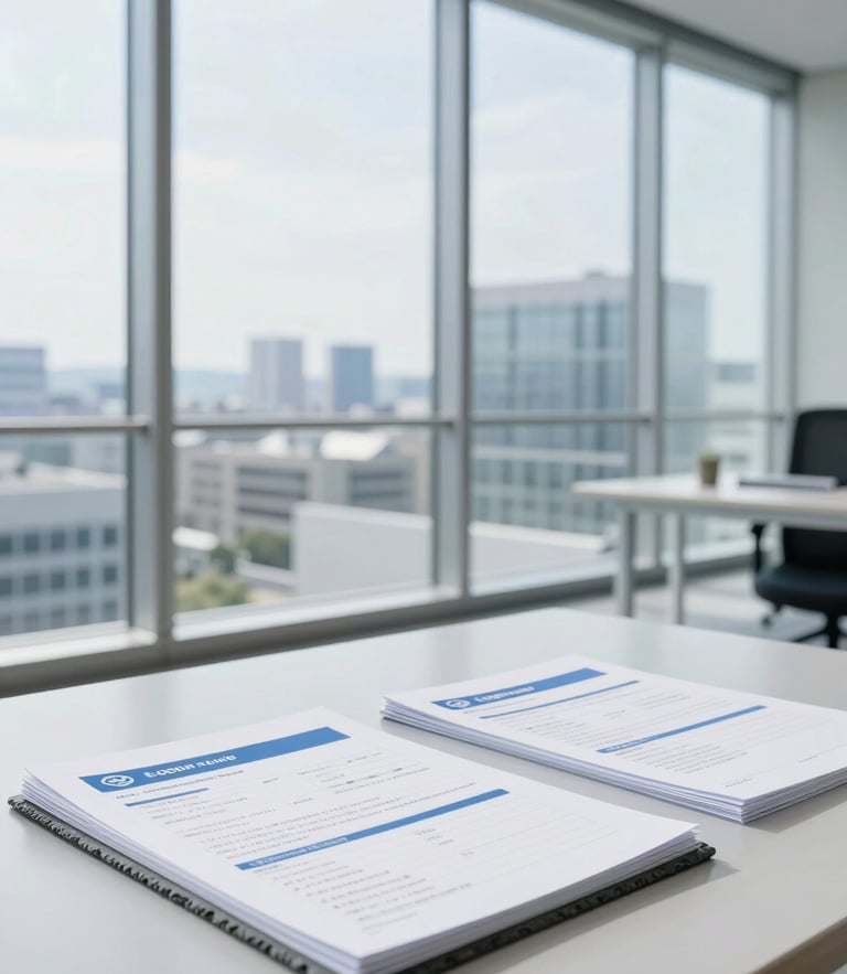 A bright, modern logistics office in Kanagawa, with clean glass windows, professional business documents on a slate table, cool blue tones, 35mm photography