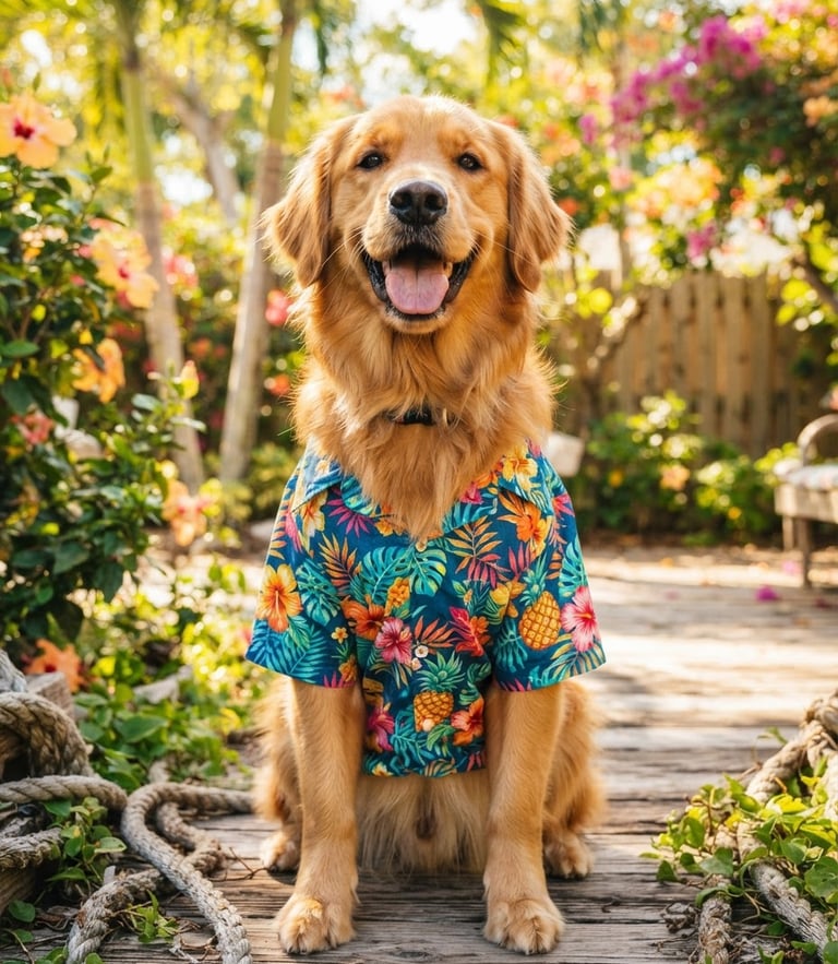 A happy golden retriever wearing a colorful tropical-print shirt, sitting outdoors in bright natural daylight, eye-level shot, vibrant warm tones.