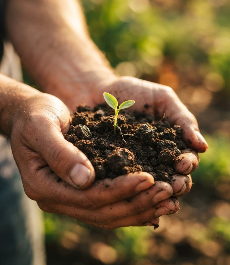 A close-up of hands holding fresh dark soil with a small green sprout, warm golden-hour sunlight, shallow depth of field