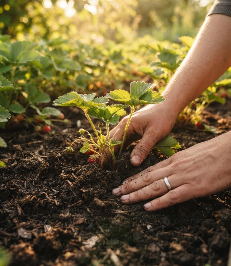 Close-up of hands gently pressing a young strawberry plant into rich, dark loam soil, warm golden-hour sunlight filtering through leaves, shallow depth of field.