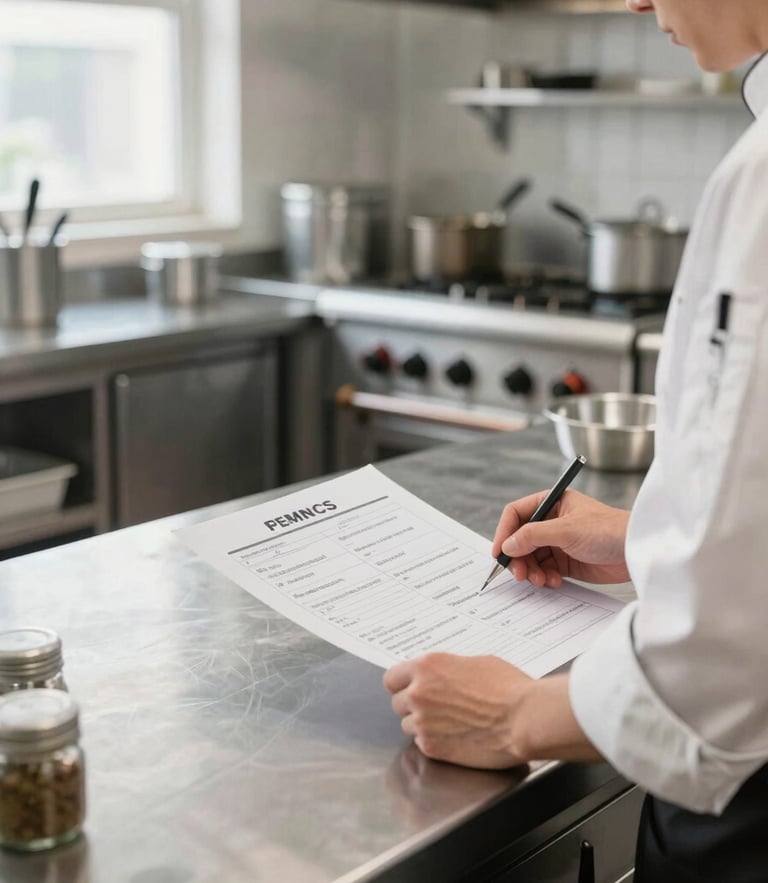 Clean commercial kitchen environment with organized stainless steel counters and a chef reviewing a process flowchart, daylight, 35mm