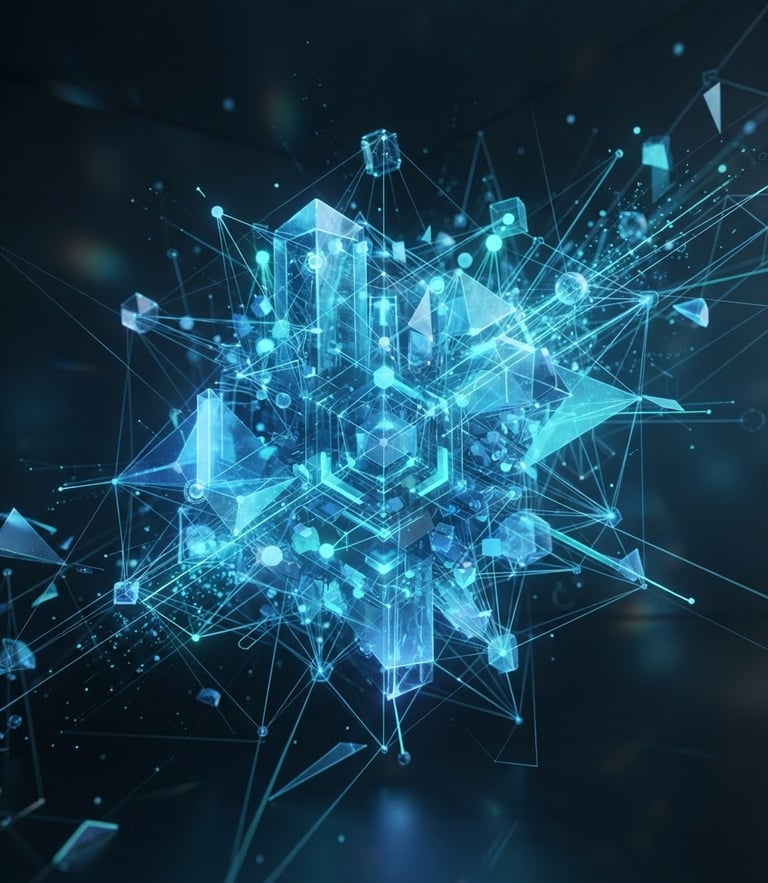 Abstract 3D render of clean geometric data structures, cool blue and turquoise light, minimalist, high-end corporate aesthetic