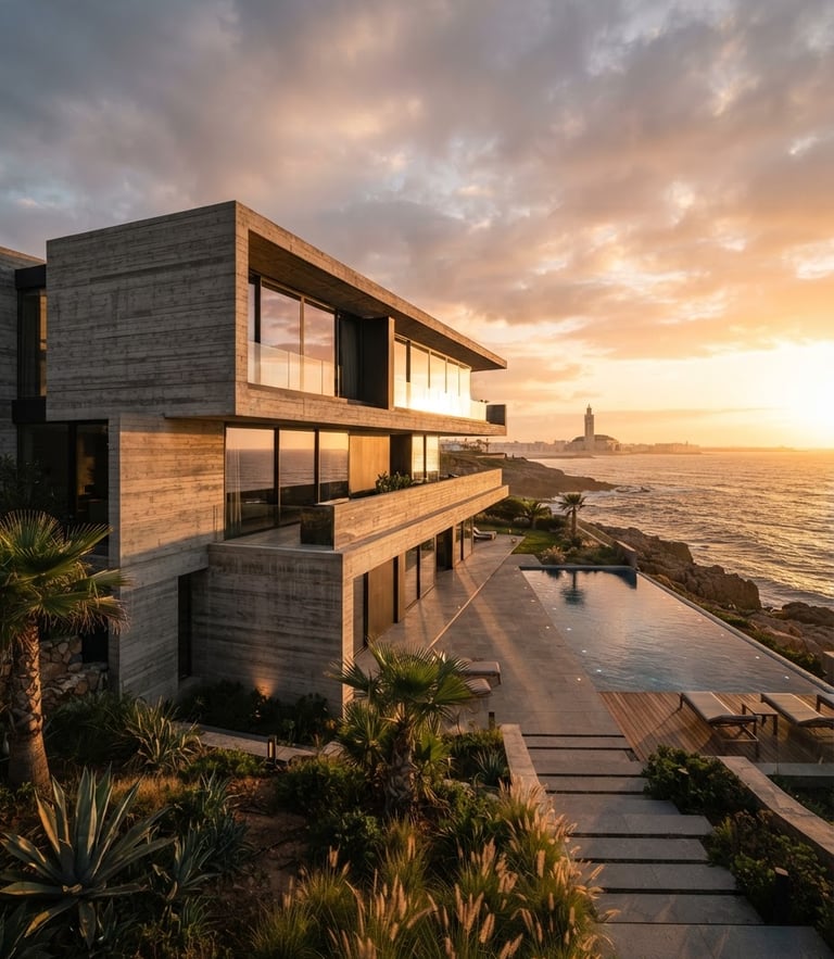 Architectural wide-angle shot of a luxury modern concrete villa in Casablanca, dramatic golden hour sunlight casting long shadows, minimalist lines, sharp focus