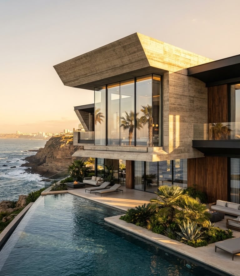 Premium architectural photography of a modern luxury villa in Casablanca, concrete and glass facade, dramatic golden hour sunlight casting clean shadows