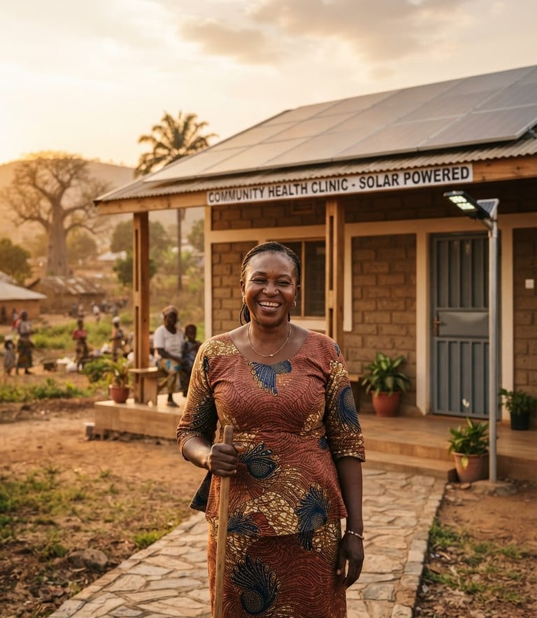 A warm environmental portrait of a local community leader standing in front of a newly constructed solar-powered health clinic at golden hour, rich earthy tones.